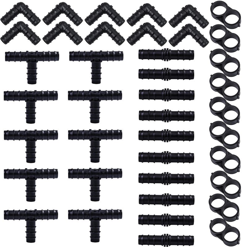 URATOT 40 Pieces Drip Irrigation Fittings Kit 1/2" Tubing Set, 10 Tees, 10 Couplings, 10 Elbows and 10 End Cap Plugs Drip Irrigation Barbed Connectors for Drip Sprinkler Systems - Image 1